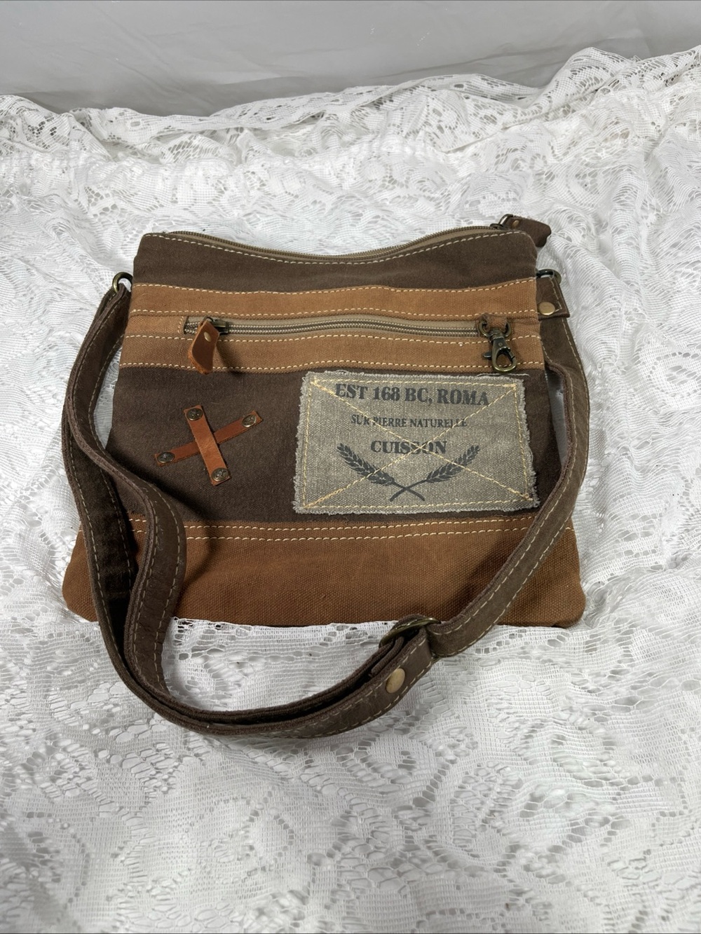Myra Bag Brown and Tan Canvas Crossbody with Patch Detail